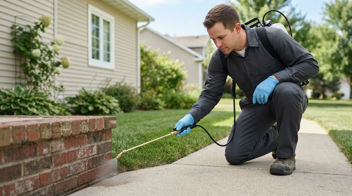 Pest control technician treating a home near Sherborn, MA