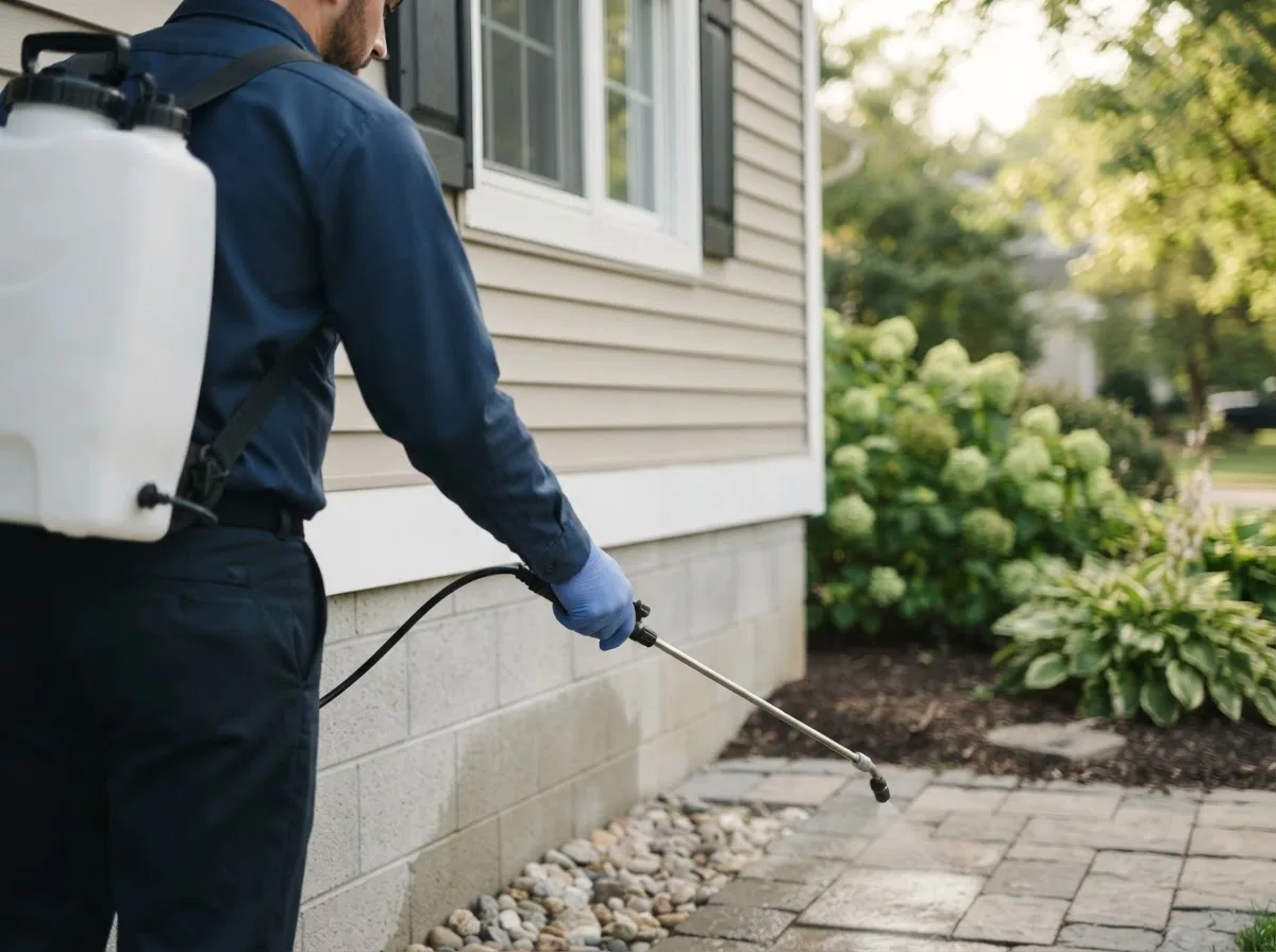 Pest control technician inspecting a home in Sherborn, MA